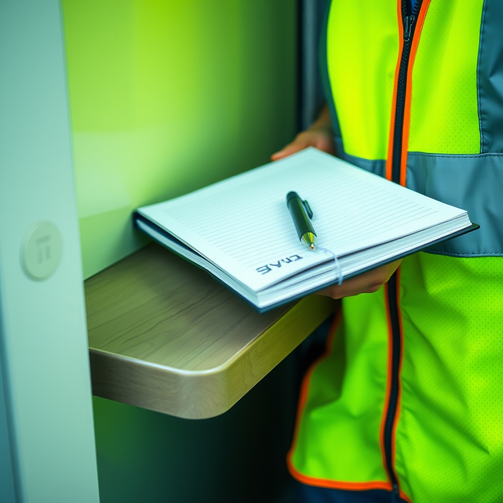 Site cabin desk with open notebook and high-vis vest for incident recording