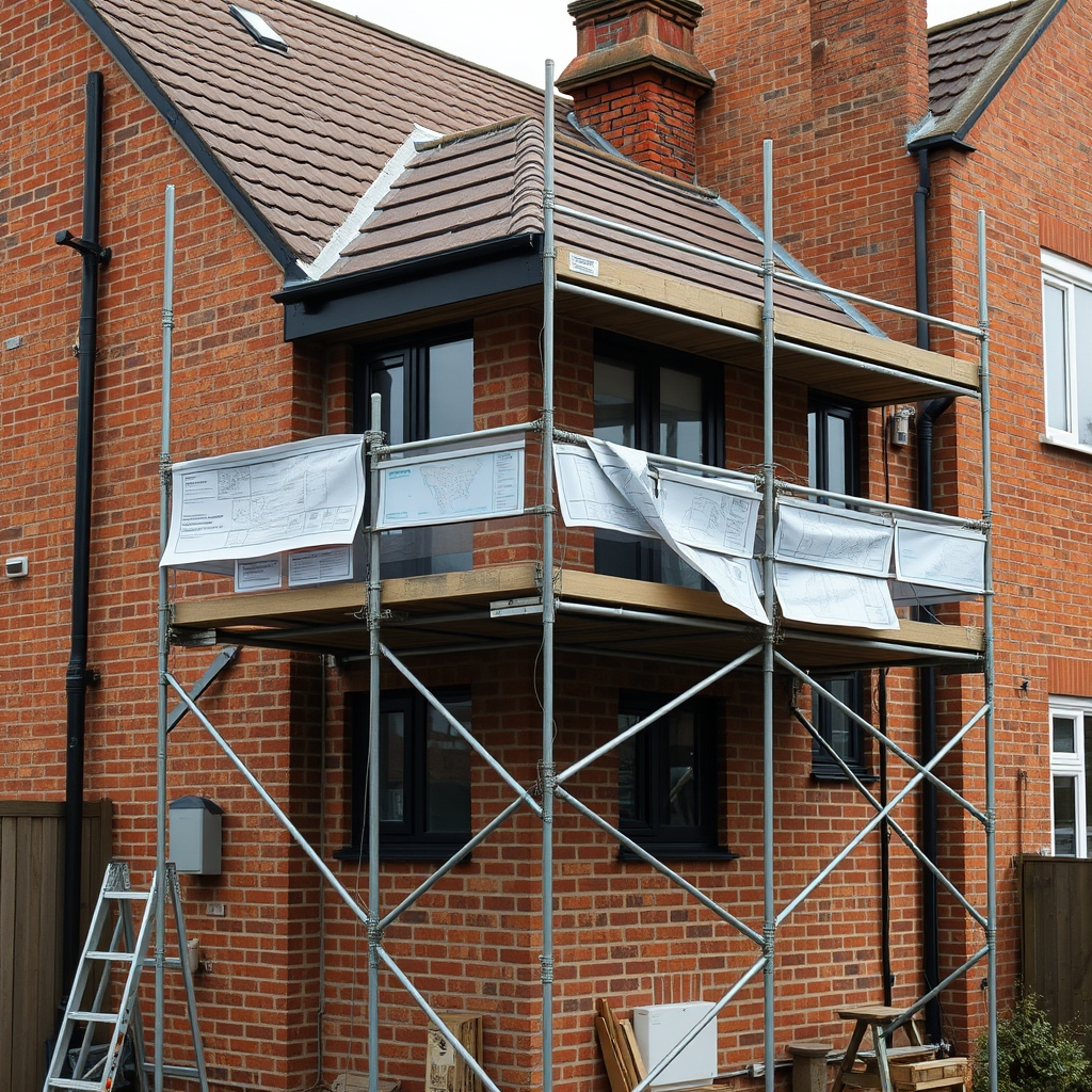 Scaffolding on small UK house extension with unmarked plans on trestle