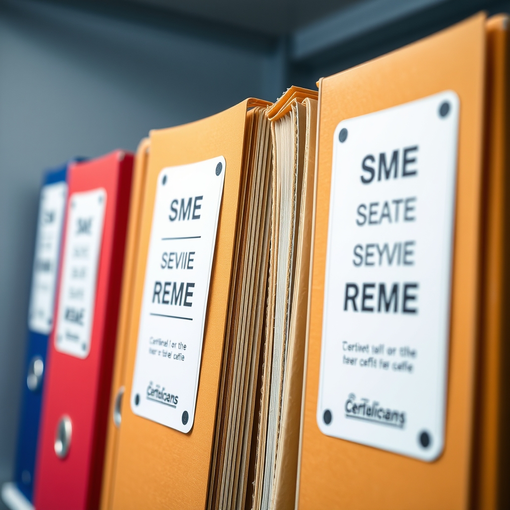 Organised folders and review tags on SME office shelf