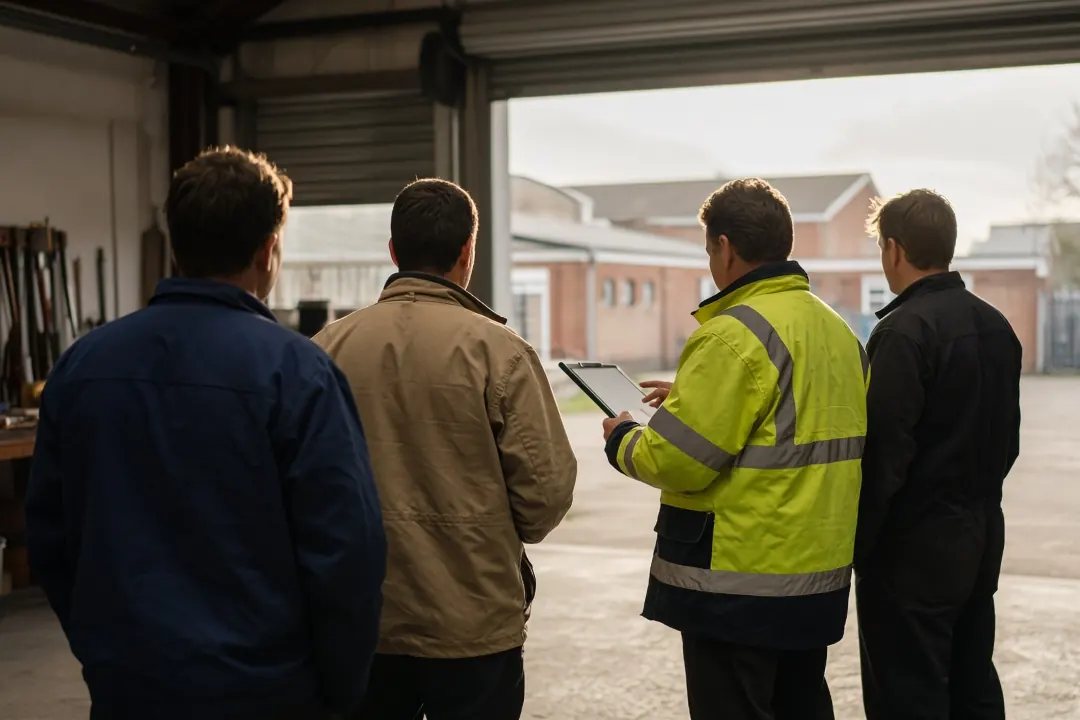 Small team gathered for a short briefing in a workshop, seen from behind against an open door