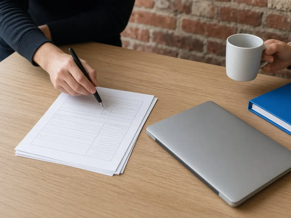 Two people's hands over printed health and safety forms on a meeting table, one pointing with a pen