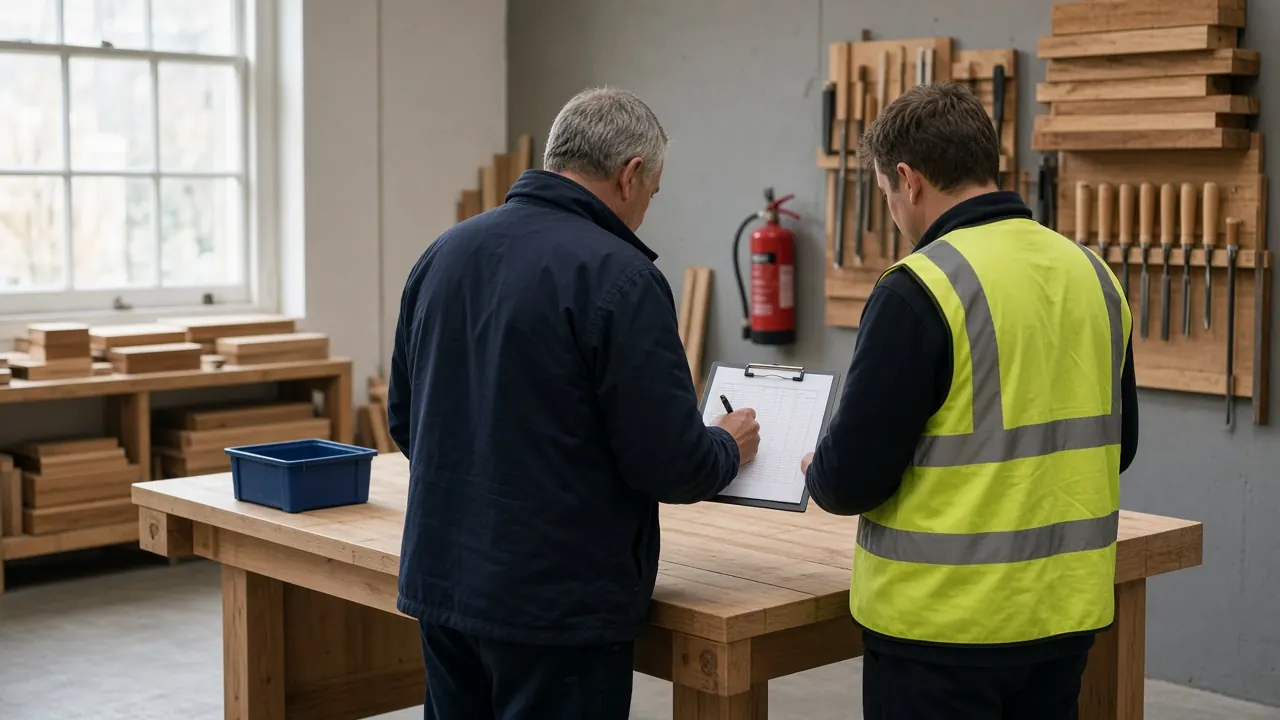 Supervisor and worker reviewing a checklist at a workbench in a tidy UK workshop