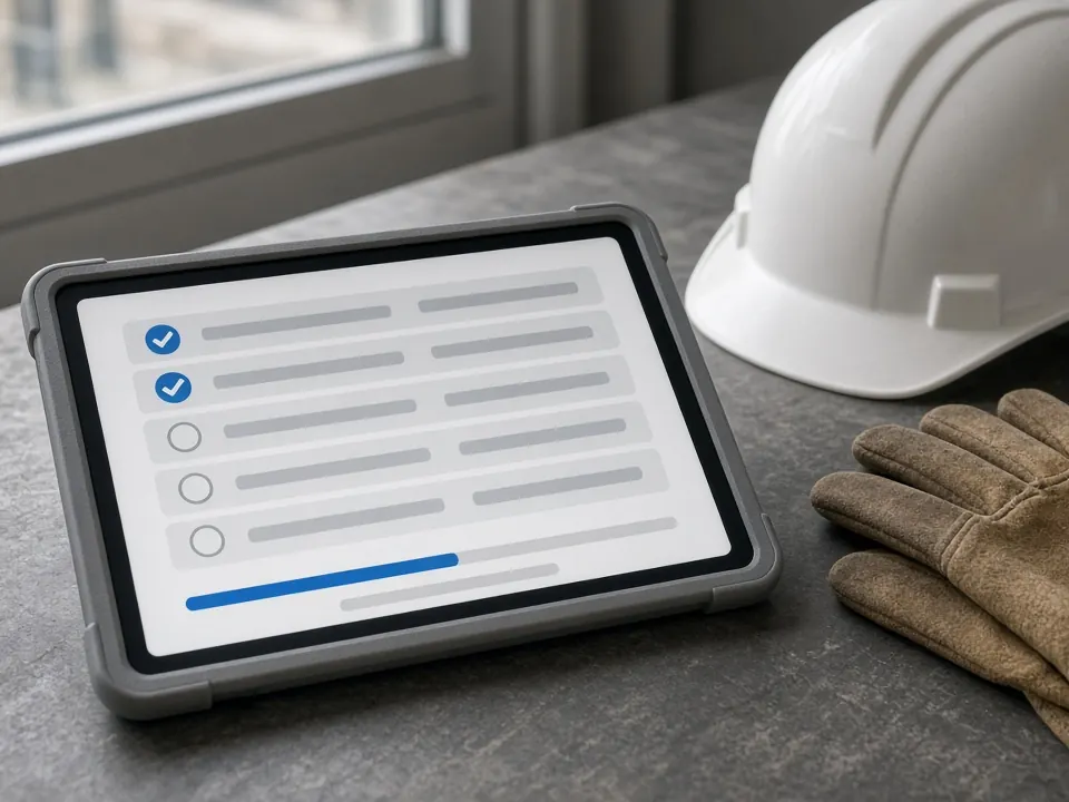 Tablet showing a simple abstract checklist on a site cabin table beside a hard hat and gloves