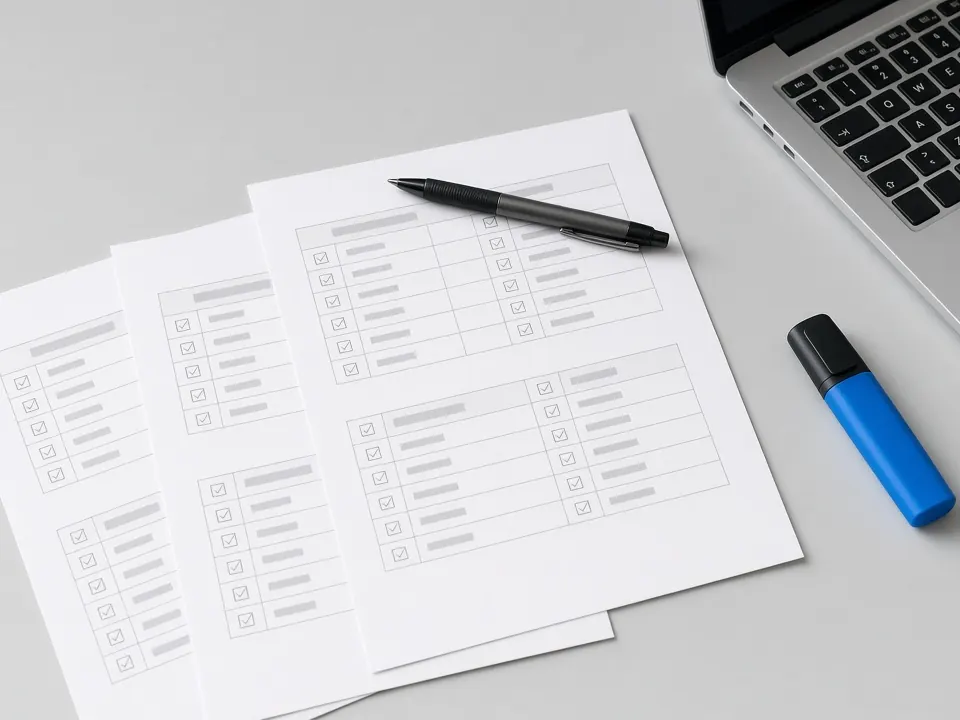 Printed blank form templates fanned on a desk beside a laptop and a pen