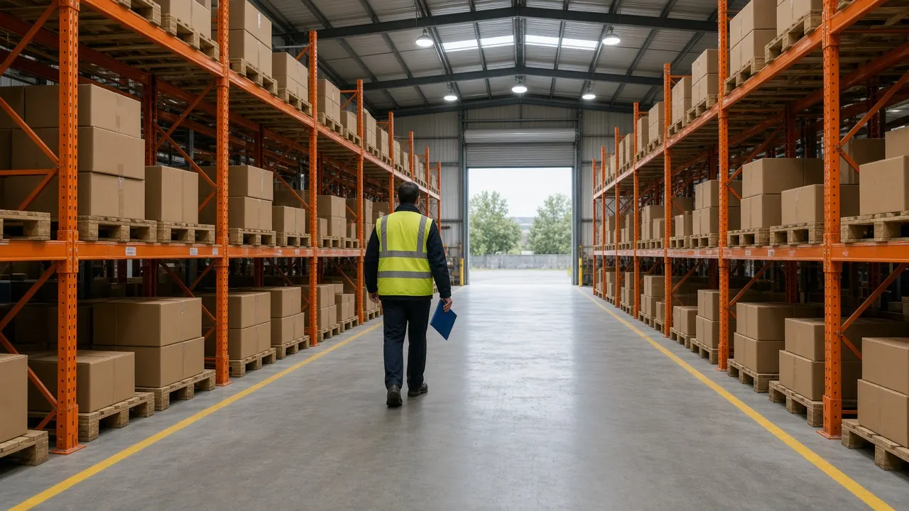 Consultant with a clipboard walking along a tidy warehouse aisle with pallet racking