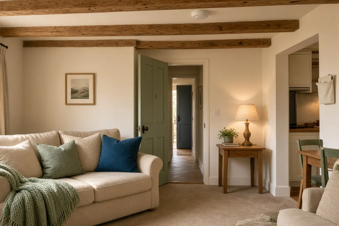Cosy holiday cottage sitting room with a smoke alarm on the ceiling and a door to the hallway