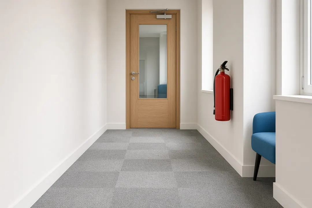 Clear office corridor with a fire door at the end and an extinguisher mounted on the wall