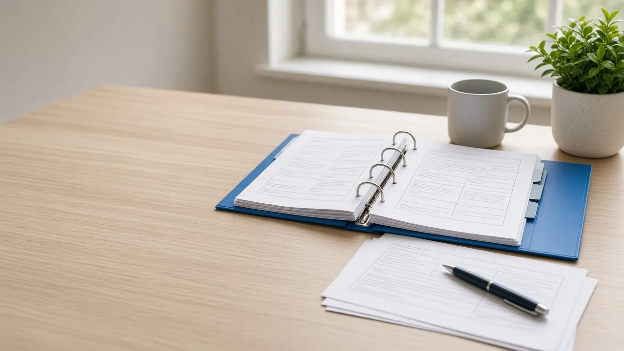 Open blue ring binder of printed health and safety templates on a desk beside loose forms