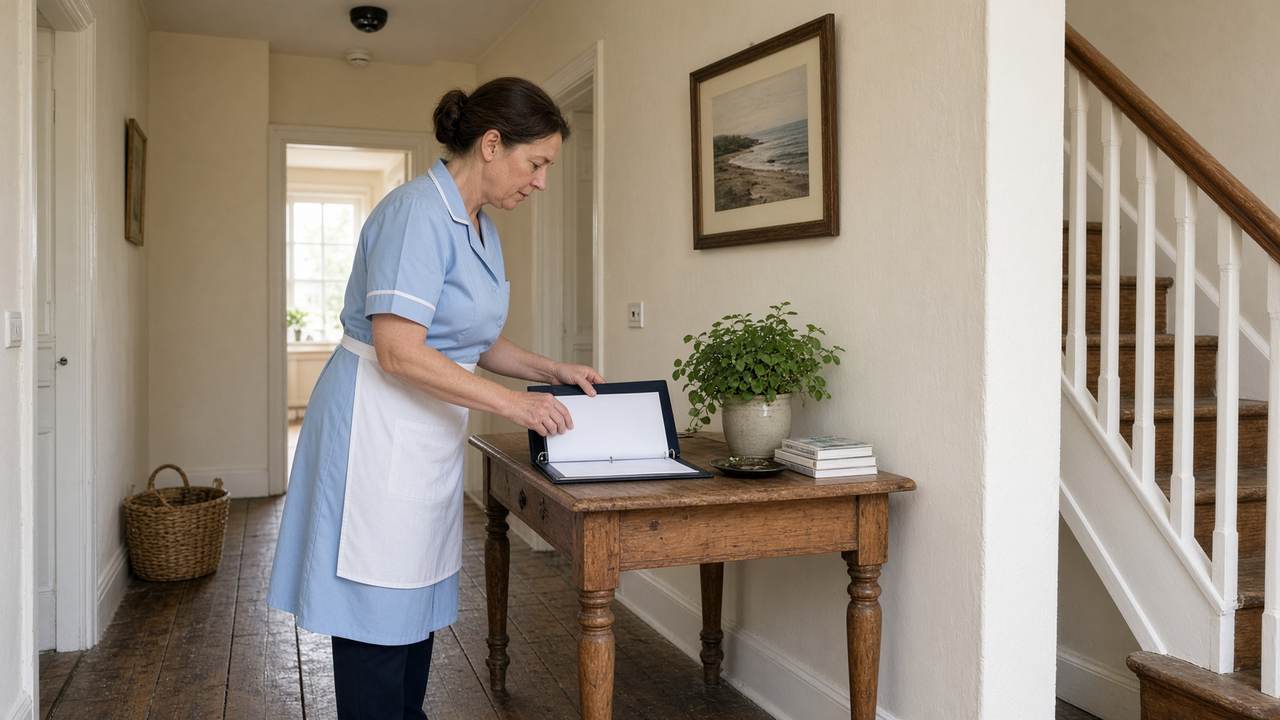 Housekeeper checking a guest information folder in the hallway of a holiday let