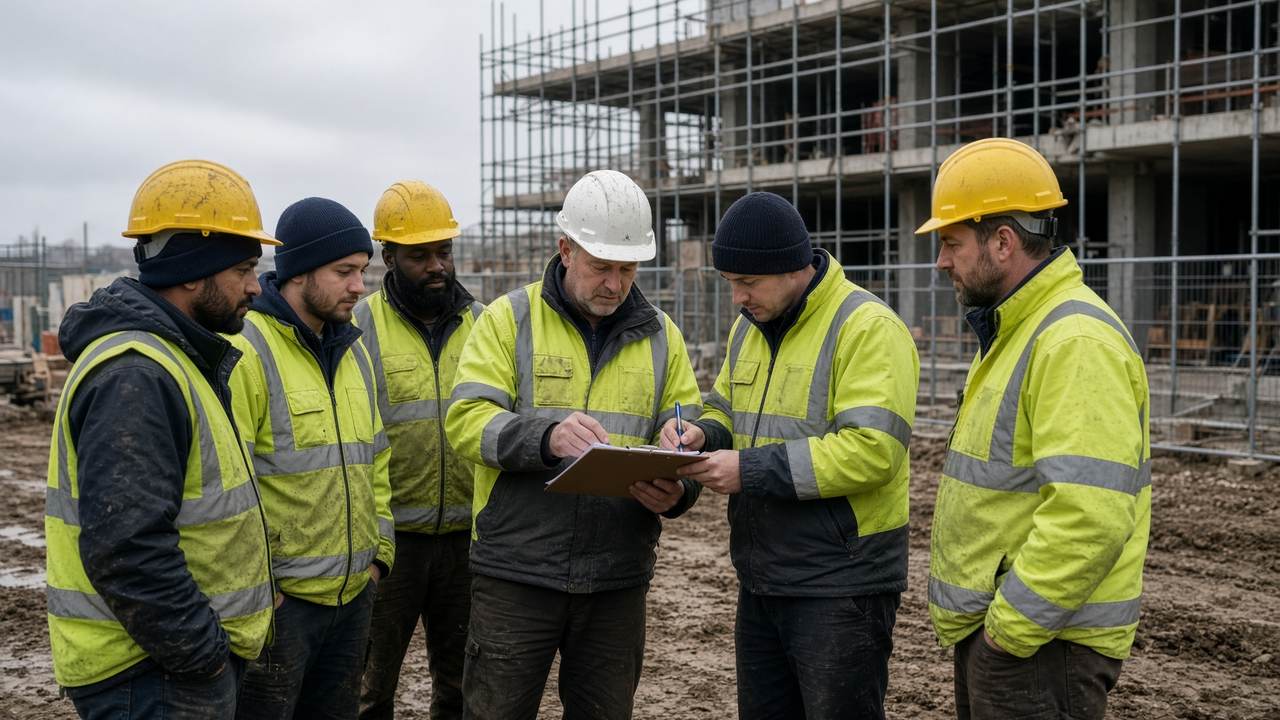 Workers in a short site safety briefing with a supervisor